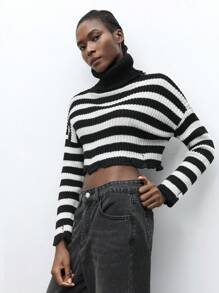 Maija 黑白撞色破洞毛衣上衣，条纹简约时尚休闲日常穿着