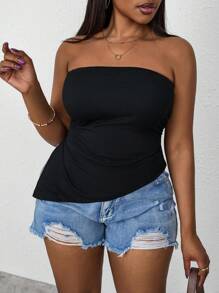 SHEIN PETITE CURVE Plus Size Black Pleated Slit Strapless Knit Stretch Top - Black - View 4