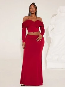 SHEIN SXY Conjunto de 2 piezas talla grande para mujer - Parte superior versátil con decoración de lazo en los hombros y falda de cola de sirena con pliegues en la cintura, apta para otoño e invierno, disfraz de Nochebuena, fiesta, cumpleaños, despedida de soltera, casual, para ir de compras, salir, fácil de combinar y estilizador
