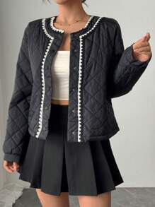 SHEIN Privé Women Casual Contrast Color Trim Winter Jacket - Black - View 2