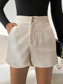 SHEIN PETITE Women's Casual Commuter Simple Solid Corduroy Shorts - Apricot - View 4