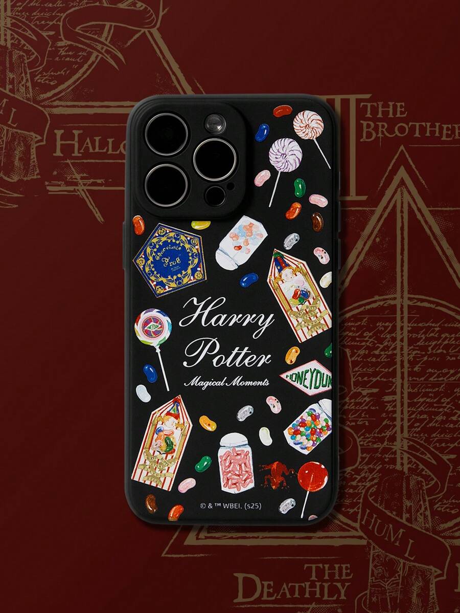 HARRY POTTER X SHEIN Fashionable Cute Candy Print Matte Black Phone Case, With Every Flavour Beans & Chocolate Frogs Pattern, Hogwarts - Black - View 1