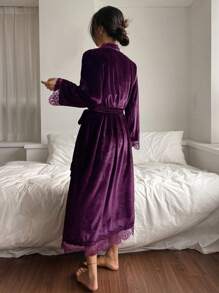 DAZY Lace Patchwork Velvet Loose Women's Robe - Purple - View 2