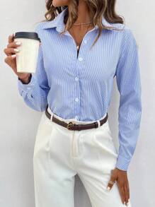 SHEIN Tall Tall Women's Elegant Blue And White Striped Shirt - Multicolor - View 6