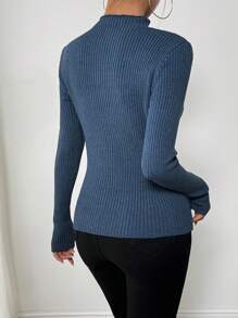 SHEIN LUNE Jersey de cuello de embudo ajustado de punto acanalado para mujer, para otoño e invierno - Azul - Ver 2