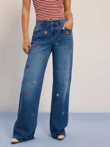 WESTFADE 高腰夏季花朵刺绣原边阔腿牛仔裤 - 中等水洗藍 - 查看 1