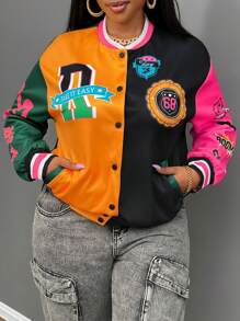 Slaydiva Casual Street-Style Colorblock Loose Long Sleeve Women Jacket-B - Orange - View 4