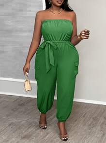 Slaydiva Mono informal de unicolor de talla grande para mujer, con estilo halter, cinturón, bolsillos y piernas acampanadas