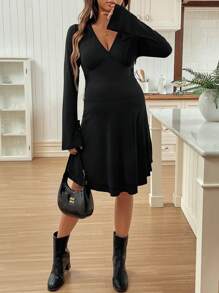 SHEIN V-Neck Waisted Long Sleeve Black Maternity Dress, New Autumn Collection