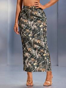 SHEIN SXY Autumn/Winter Tree Branch Camouflage Print Double Zipper High Split Maxi Cargo Skirt - Multicolor - View 1
