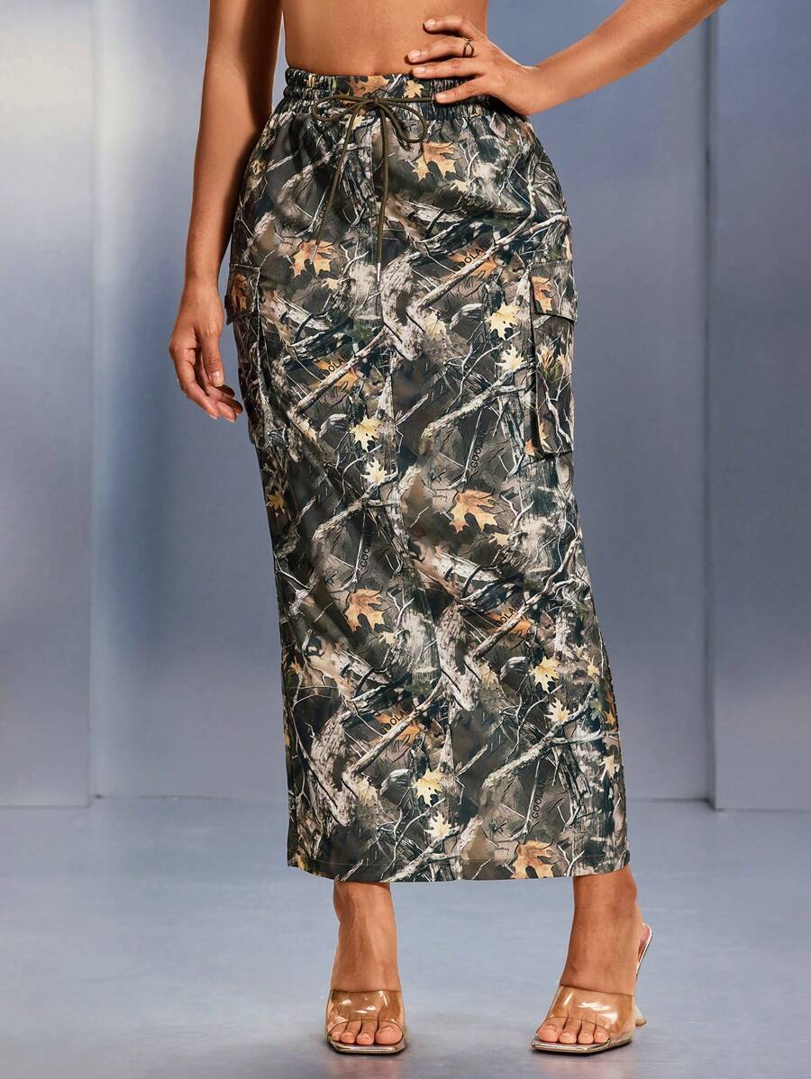 SHEIN SXY Autumn/Winter Tree Branch Camouflage Print Double Zipper High Split Maxi Cargo Skirt - Multicolor - View 1