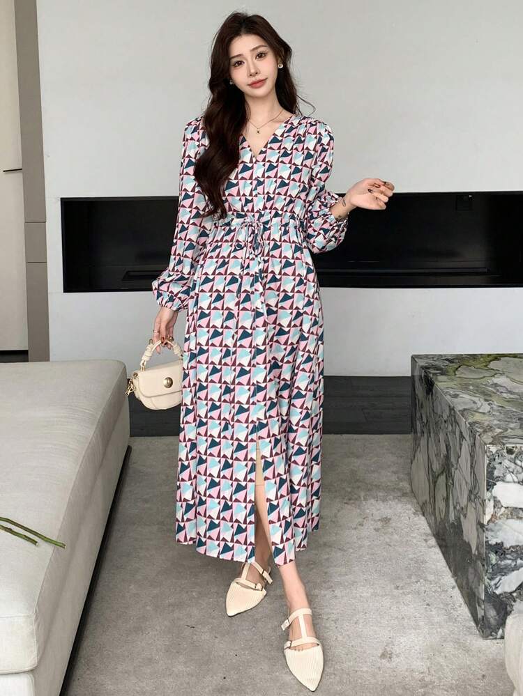 Women's V-Neck Geometric Print Lantern Sleeve High Slit Mid-Length Dress,Fall Dress Long Sleeve Dress Boho