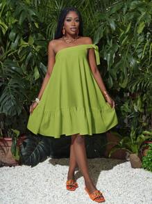 Slaydiva Vestido Curto Feminino Casual de Férias de Verão na Praia, Amarelo, Solto, Manga Única, Laço, Babado na Barra - Verde Oliva - Visão 7