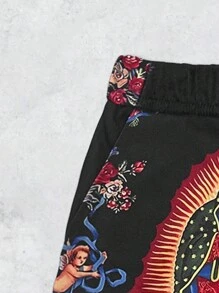 Manfinity Dauomo Męskie spodenki z nadrukiem w kwiaty Maryi Dziewicy, płatki kwiatów i motyw aniołka - Czarne - Zobacz 3