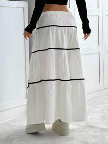 SHEIN EZwear Women's Color Block Front Tie Bow Decor Casual A-Line Skirt - White - View 2