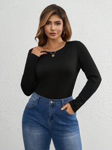 SHEIN Tall CURVE 大码女式纯色圆领长袖休闲 T 恤紧身衣，秋季 - 黑色 - 查看 3