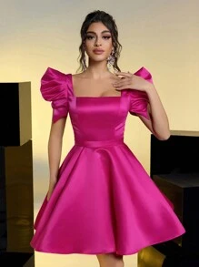 SHEIN Belle Elegant And Gorgeous Rose Red Square Neck Puff Sleeves Dress Suitable For Evening Bachelor Party Birthday Date, Back To School Prom Dress, Wedding Guest Dress