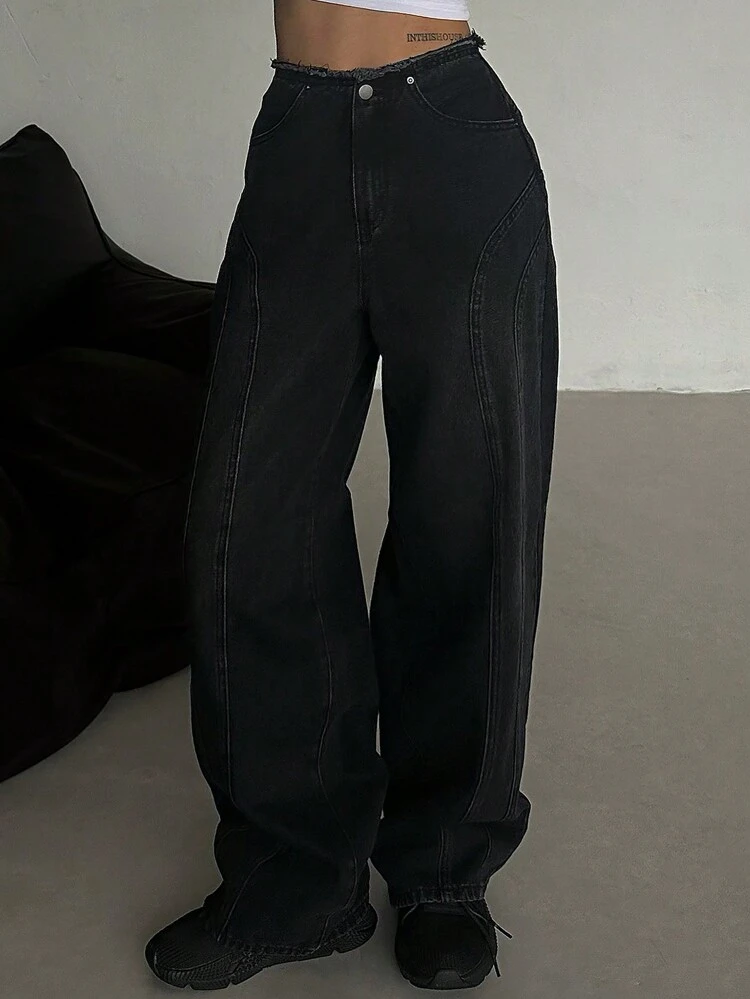 Women's Denim Jeans With Fringed Waistband And Unique Stitching Design