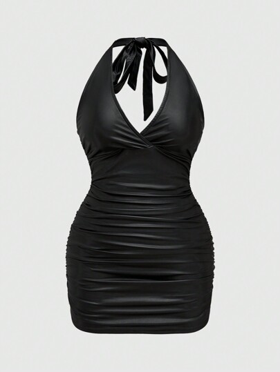 Grunge Punk Vestido ajustado con cuello arrugado y faja de cintura, estilo punk, para mujer de talla grande