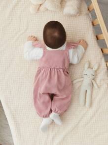 SHEIN Newborn Baby Girl Casual Corduroy Cartoon Embroidery Jumpsuit With Ruffle Hem - Dusty Pink - View 2
