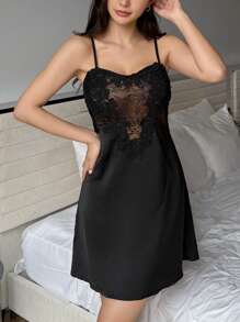 DAZY Lace & Satin Splicing Sexy Mini Slip Dress Lingerie For Women - Black - View 4