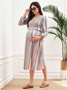 SHEIN 1 件孕妇泡泡袖条纹连衣裙，彩色 - 彩色 - 查看 3