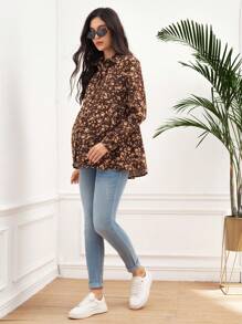 SHEIN Blusa de manga larga con estampado floral, botones y cuello de solapa para maternidad