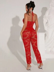 SHEIN SXY 女士性感透明蕾丝交叉吊带紧身连身裤 - 紅色 - 查看 2