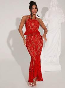 SHEIN SXY Women's Elegant 2Pcs Set: Lace Ruffle Hem Halter Neck Tank Top And Fish Tail Skirt - Red - View 3