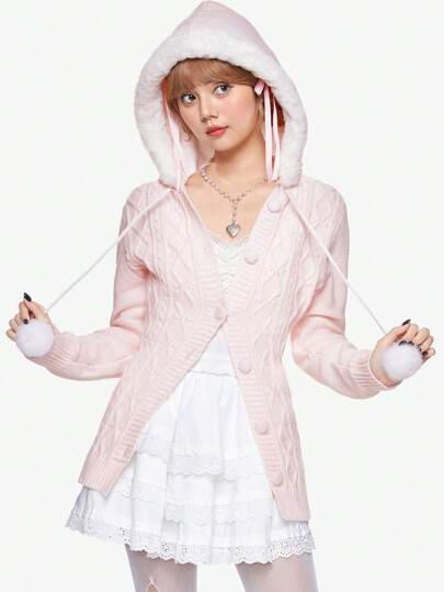 Kawaii 1pc Women Himekaji Cute Sweet Hooded Patchwork Fringed Cardigan