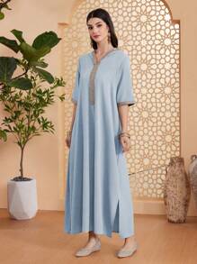 Al Najma 女式拼接织带连帽半袖宽松土耳其连衣裙，朴素的卡夫坦 - 藍色 - 查看 1