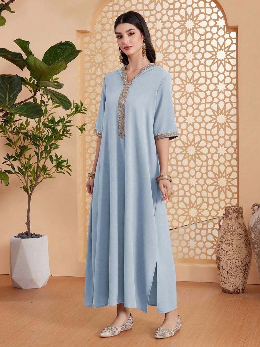 Al Najma 女式拼接织带连帽半袖宽松土耳其连衣裙,朴素的卡夫坦 - 藍色 - 查看 1