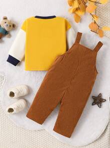 SHEIN 男婴/女婴 2 件套：秋冬无袖灯芯绒工装裤和圆领长袖运动衫，舒适时尚，适合室内和室外，适合派对、学校、秋季 - 彩色 - 查看 2