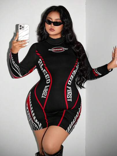 SHEIN ICON Plus Size Women's Super Cool Racing Car Print Long Sleeve Dress, Autumn Dress,Race Car Driver