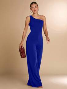 SHEIN BAE Women's Solid Black & Black White Strapless Skinny Jumpsuit With 3D Floral Decor, Elegant For Cocktail Party, Romantic Date, Autumn/Winter Base Layer, Party, Halloween, Christmas Elegant Women Going Out Outfits, Asymmetrical Shoulder Jumpsuit, Wide Leg Jumpsuit, Suitable For Casual Dates, Parties, Events In Autumn Summer Outfits For Women/Spring Clothes/Valentine's Day Outfit/Carnival/Beach Vacation Outfit - Royal Blue - View 3