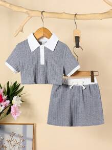 SHEIN 2pcs Young Girl Short Sleeve Solid Color Top And Mini Skirt Set - Grey - View 1