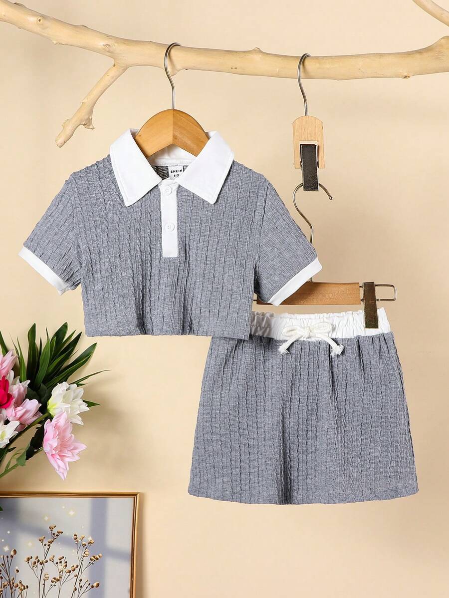 SHEIN 2pcs Young Girl Short Sleeve Solid Color Top And Mini Skirt Set - Grey - View 1