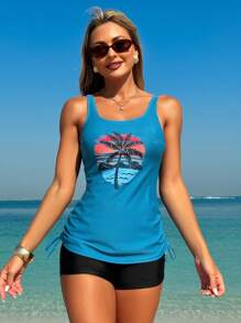 SHEIN Swim 2pcs Printed Modest Tankini With Side Cutout For Women Summer - Blue - View 6