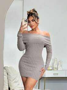 SHEIN SXY Soft And Comfortable Khaki Knitted Casual Shoulder Dress, Versatile For Autumn/Winter - Khaki - View 3