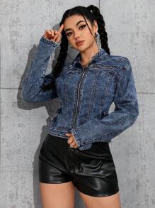 SHEIN EZwear Áo khoác denim giản dị mùa thu cho nữ có khóa kéo, tay dài - Rửa trung bình - Xem 5