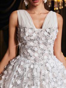 SHEIN Belle 优雅、浪漫、奢华、白色、立体花朵刺绣、无袖、收腰、公主裙、适合返校节、单身派对、生日、婚礼、毕业典礼、度假、欢迎派对、新娘送礼会礼服、小白裙 - 白色 - 查看 6