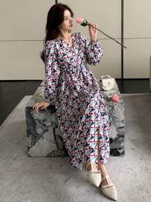 DAZY Women's V-Neck Geometric Print Lantern Sleeve High Slit Mid-Length Dress,Fall Dress Long Sleeve Dress - Multicolor - View 4