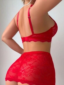 5pcs Set Sexy Lace Bra With Bodycon Dress And Mesh Tights Bridal Lingerie For Going Out, Baddie Look - Red - View 2