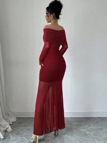 Firerie Elegante off-shoulder gerimpelde jurk voor dames, rode lange jurk, nieuwjaar, Valentijnsdag