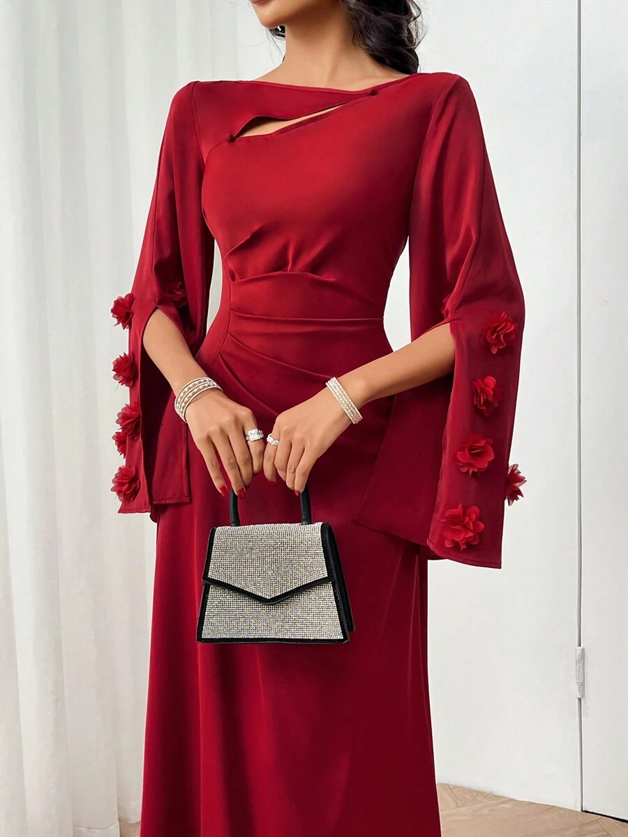 Modelyn Women's Hollow Out Solid Color Bodycon Arabic Style Dress - Red - View 1