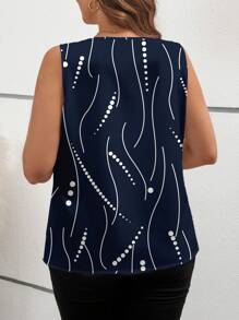 SHEIN Clasi Plus Size Casual Striped & Polka Dot V-Neck Shirt, Suitable For Spring & Autumn Chic Blouses For Women - Navy Blue - View 2