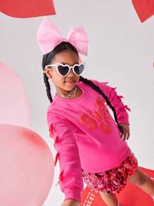 Sudadera rosa fucsia con diseño acogedor y creativo para niñas preadolescentes, con gráfica en relieve en forma de corazones y letras, decoración de lazo rojo, apta para Año Nuevo, Día de San Valentín, escuela, exterior, otoño/invierno - Rosa Fucsia - Ver 3