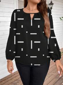 SHEIN LUNE Bluzka w rozmiarze plus size, swobodna, minimalistyczna, w paski, czarno-biały wzór, rękaw typu latarnia, dekolt w szpic, luźna, odpowiednia na jesień/zimę