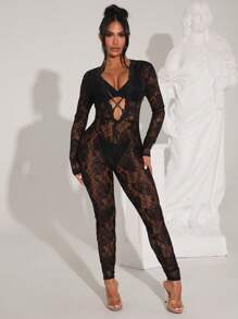 SHEIN SXY Mono de mujer de unicolor, de manga larga, transparente con aplicaciones de encaje y ajustado
