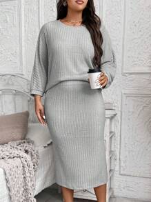 SHEIN LUNE 2pcs/Set Women's Casual Bat Wing Ribbed Crop Top And Mini Skirt Outfit Winter Clothes - Light Grey - View 4